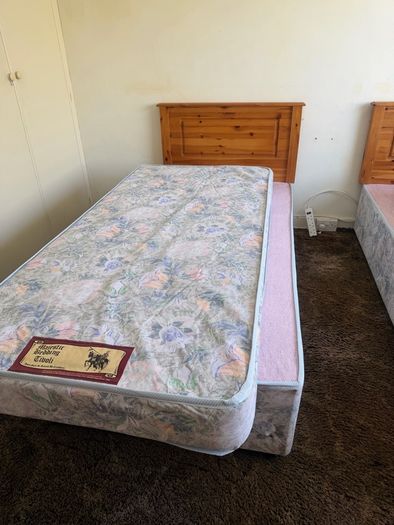 2 Single Beds with Mattresses and Pine Headboards