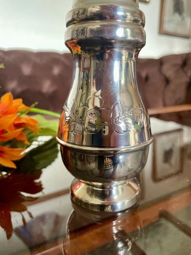 Vintage Silver Plated Sugar Caster or Shaker Baluster Shaped Body Floral foliate Engraving