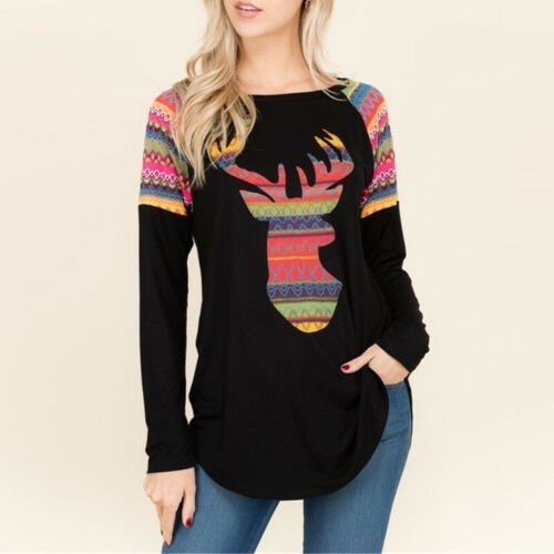 Ladies Women Christmas T Shirt Top Long Sleeve Merry Little Reindeer Holly Jolly