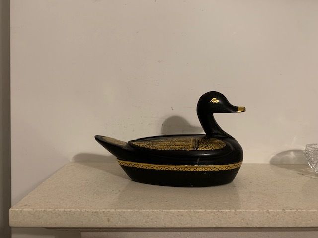 Vintage Black Gold Lacquered Duck Trinket Box