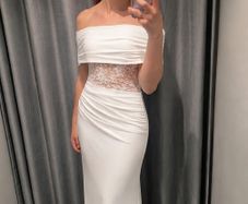 White Bardot-Neck Maxi Dress With Lace-Detailing