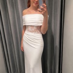 White Bardot-Neck Maxi Dress With Lace-Detailing
