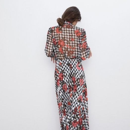 Zara blouse top printed floral houndstooth rose bow tie S