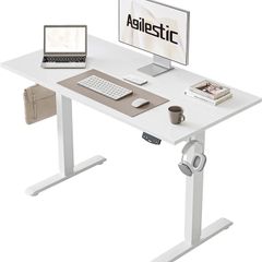 Electric Standing Desk, 2 Memory Buttons, 100x60cm Height Adjustable Desk for smart Pannel, 72-116cm, Sit Stand Desk with 2 Hooks, Home Office Desk, 2 pcs Desktops, White