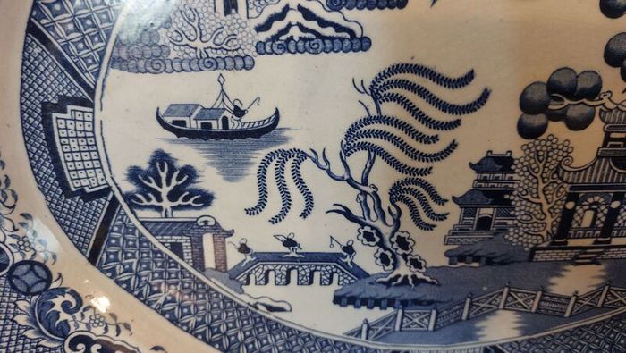 Beautiful Antique Blue and White Transferware Willow Pattern Large Oval Platter, Unknown Maker, Probably Staffordshire-Made