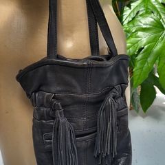 ZARA black supersoft leather tassle hand held bag