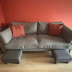 Grey Sofa & Armchair Set with Ottoman Footstools
