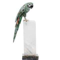 Handcrafted Serpentine Macaw Sculpture: Crystal Stone Bird Figurine