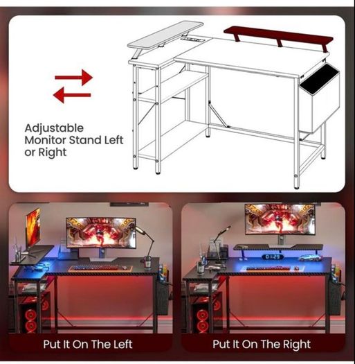 L Shaped Gaming Desk with LED Lights & Power Outlets, 120x80cm Corner Computer Table with Storage Bag & Adjustable Shelves & Large Monitor Stand, Home Office Study Workstation, Carbon Black