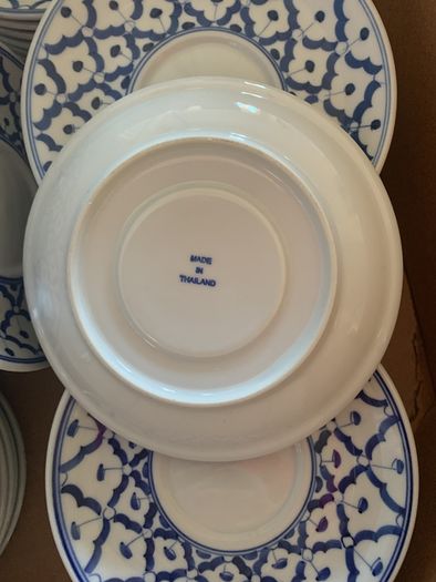 blue and white saucers