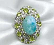 Silver Larimar, Peridot & White Zircon Halo Ring (11.24 Ct)