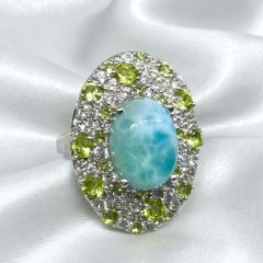Silver Larimar, Peridot & White Zircon Halo Ring (11.24 Ct)