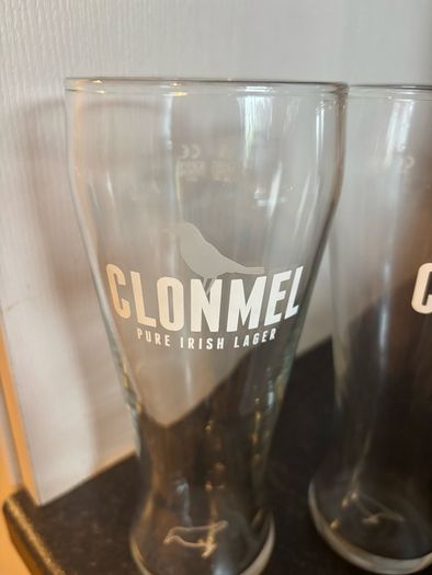 2 Clonmel Pure Irish Lager branded pint glasses