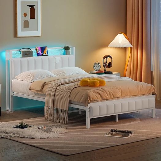 Double Bed Frame with Storage Upholstered Headboard,LED Lights,4ft6 Heavy Duty Metal Bed Frame Double Beds with Charging Station,No Box Spring Needed,Strong Steel Slats Support,White Velvet