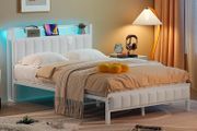 Double Bed Frame with Storage Upholstered Headboard,LED Lights,4ft6 Heavy Duty Metal Bed Frame Double Beds with Charging Station,No Box Spring Needed,Strong Steel Slats Support,White Velvet