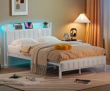 Double Bed Frame with Storage Upholstered Headboard,LED Lights,4ft6 Heavy Duty Metal Bed Frame Double Beds with Charging Station,No Box Spring Needed,Strong Steel Slats Support,White Velvet