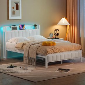 Double Bed Frame with Storage Upholstered Headboard,LED Lights,4ft6 Heavy Duty Metal Bed Frame Double Beds with Charging Station,No Box Spring Needed,Strong Steel Slats Support,White Velvet