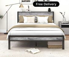 King Size Bed Frame with Wooden Storage Headboard, Metal Bed Frame King Size Bed Base/Mattress Foundation, Enhanced Support Noise Free, Black