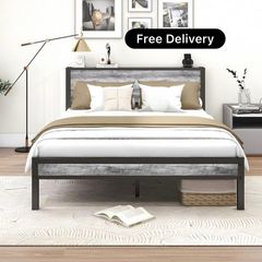 King Size Bed Frame with Wooden Storage Headboard, Metal Bed Frame King Size Bed Base/Mattress Foundation, Enhanced Support Noise Free, Black