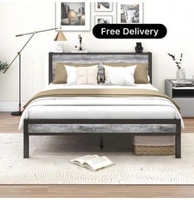 King Size Bed Frame with Wooden Storage Headboard, Metal Bed Frame King Size Bed Base/Mattress Foundation, Enhanced Support Noise Free, Black