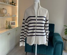Zara Ladies Beige and Navy Striped Cardigan