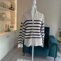 Zara Ladies Beige and Navy Striped Cardigan