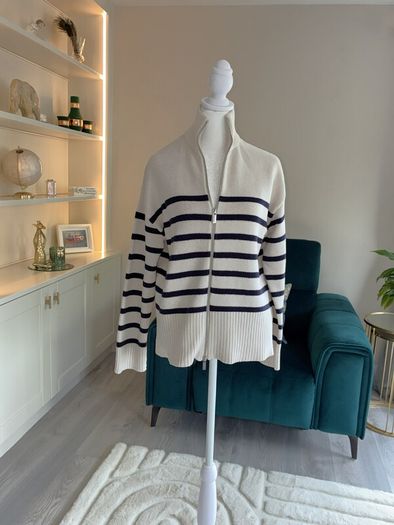 Zara Ladies Beige and Navy Striped Cardigan
