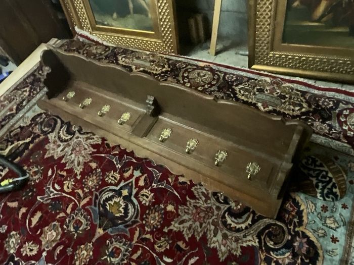 Old coat rack with brass hooks, large and heavy