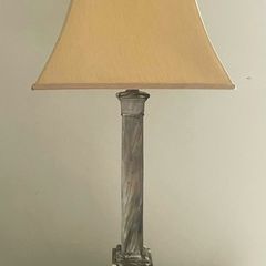Antique faux marble column lamp with silk shade