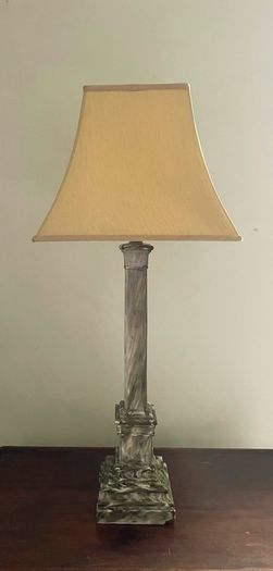 Antique faux marble column lamp with silk shade