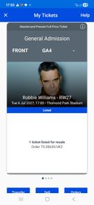 Pitch Front standing Robbie Williams Tues 6 Jul