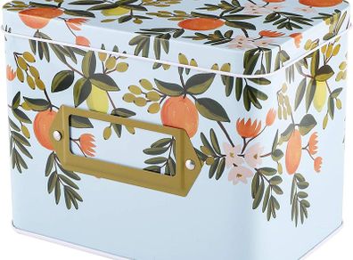 Recipe Box - 6.25 x 4.25 x 5 Inches Decorative Tin Box with Orange Patern - Gift Box for Keeping Recipe Card & Dividers