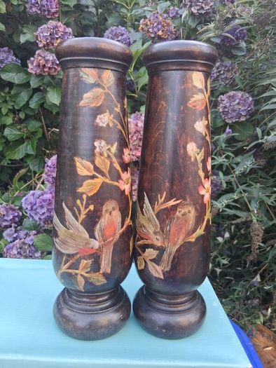 Stunning Pair Of Hand Painted Art Nouveau Hardwood  Candlesticks 12"