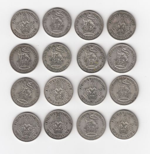 G.B. 16 x SHILLING, 1/-, 16 x 50% Silver Coins ( no.443)