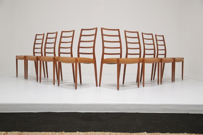 Mid Century Set of 8 x Teak and Tan Leather Dining Chairs Model 82 by Niels Otto Moller, 1960s