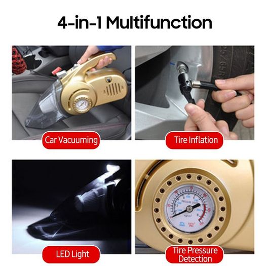 4-in-1 12V Multifunction Car Vacuum Cleaner Tire Air Pump Pressure Detection Gauge LED Light High Power Car Vacuum Cleaning Kit