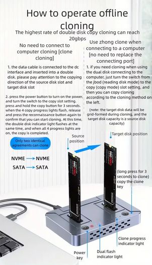 USB3. 2 Dual Disk NVME/SATA Dual Protocol Hard Drive Enclosure, Basic Offline Cloning and Copying Machine, Convenient External Storage, Quick Switching, Office Assistant, Suitable as a Gift, Data Cloning Machine, Fast File Transfer, Stylish Storage