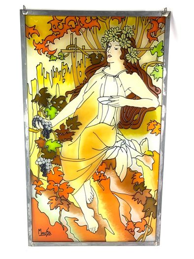 Vintage Art Nouveau Style Hand Painted and stained glass Glass Panel