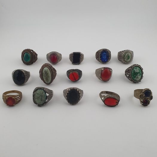 Antique Lot of 15 Bohemian Brass Rings  Assorted Ethnic & Tribal Designs