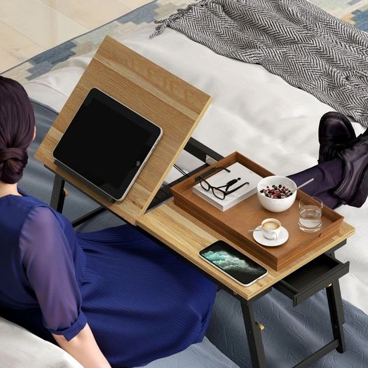Foldable and Adjustable Bed Table, Bamboo Bed Laptop Top - Tiltable Top, Drawer, Oak