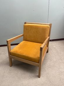 Modern Oak Frame Armchair Mustard Velvet Cushion