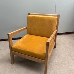 Modern Oak Frame Armchair Mustard Velvet Cushion