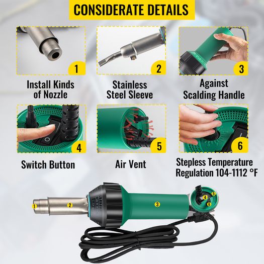 BRAND NEW 1600W Plastic Welding Gun Hot Air Torch Palstic Welder Kit W/ 4PCS Replacement Nozzles for PVC PP PE Pipe Vinyl Floor