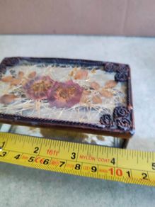 Vintage Pressed Flower Glass Trinket Box  with bottom Mirror heavy glass