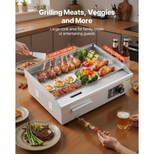 Commercial Electric Griddle, 535 x 300 mm, 3200W, 50-300C Adjustable Temp Control, Stainless Steel Body, Half Grooved Half Flat, with 2 Spatulas, 2 Brushes, and 4 Foot Pads, for Steak, Pancake