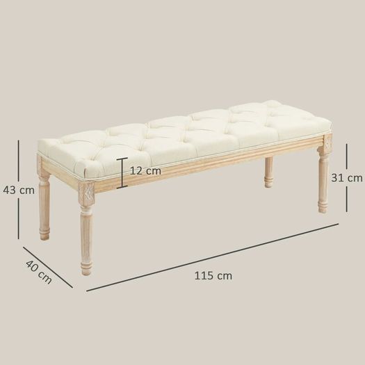 French Style Vintage Wooden Bench, Cream White Tufted Upholstered Seat, Classic Carved Wood Frame for Bedroom, Hallway & Entryway
