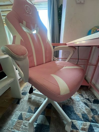 L Shaped Desk with Power Outlets & LED Lights & Pink Gaming Chair for Girls
