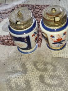 Antique Imari Hand Painted Mustard Pots, unmarked probably made in Japan Postage Available or Collection.