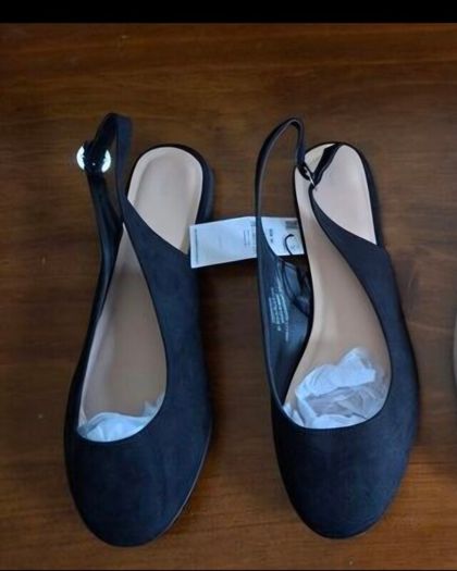 Brand New flat black suede sling backs Extra Wide Fit