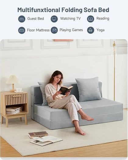 4-in-1 Folding Sofa Bed Double, Fold Out Sofa Couch with Velvet Cover & 2 Cushions, Floor Mattress Lounger for Living Room, Comfy Foldable Sofa Chair Bed, Removable Cover, Washable(135 190CM)